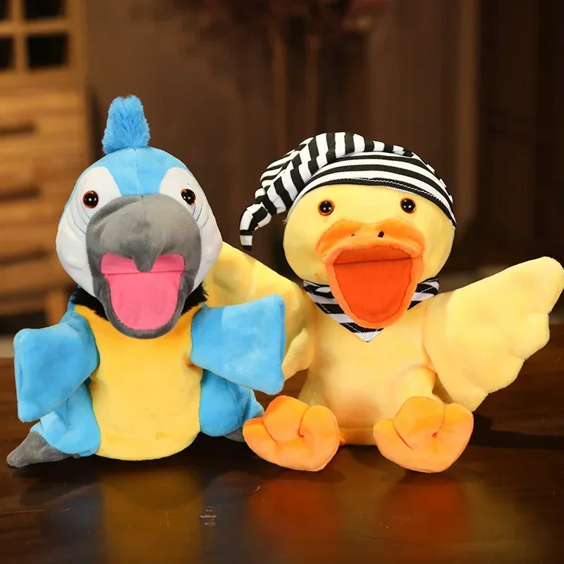 Marionetas de mano de loro y pato para niños, juguetes de peluche, muñeco de regalo de cumpleaños, animales de peluche, juguete educativo para bebés, recién llegado