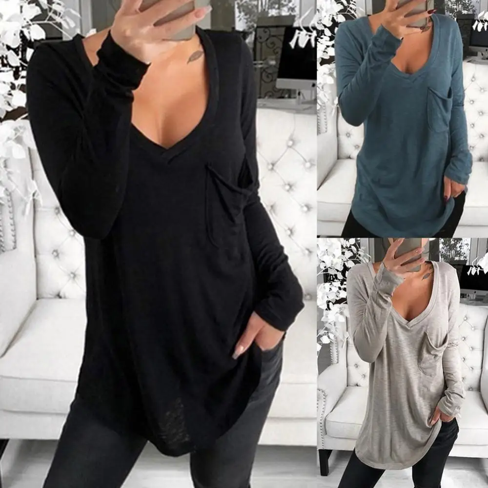 

Fashion Sexy Women T-shirts Solid Color cotton Deep V neck Long Sleeve Tops Front Pocket Loose Tunic T shirt for women female