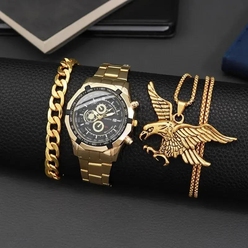 3PCS Set Luxury Fashion Mens Watches Men Business Quartz Watch Male Casual Necklace Bracelet Wristwatch