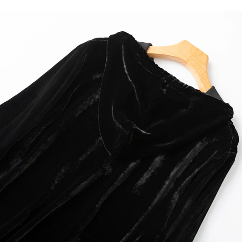 Women 100% Mulberry Silk Velvet Solid Black Loose Type long sleeve sweatshirt Hoodie Blouse Top Shirt MN903