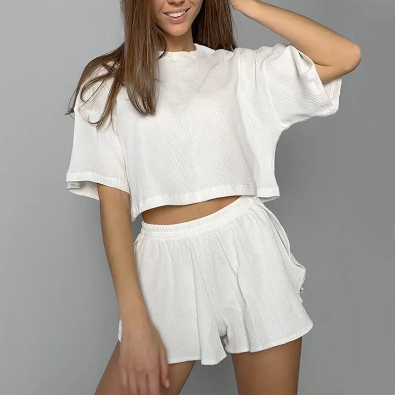 Summer Women Knitted Pajama Sets Solid Color Casual Loose Homewear T-Shirts+Shorts 2 Pieces Suit Female Comfortable Nightgowns