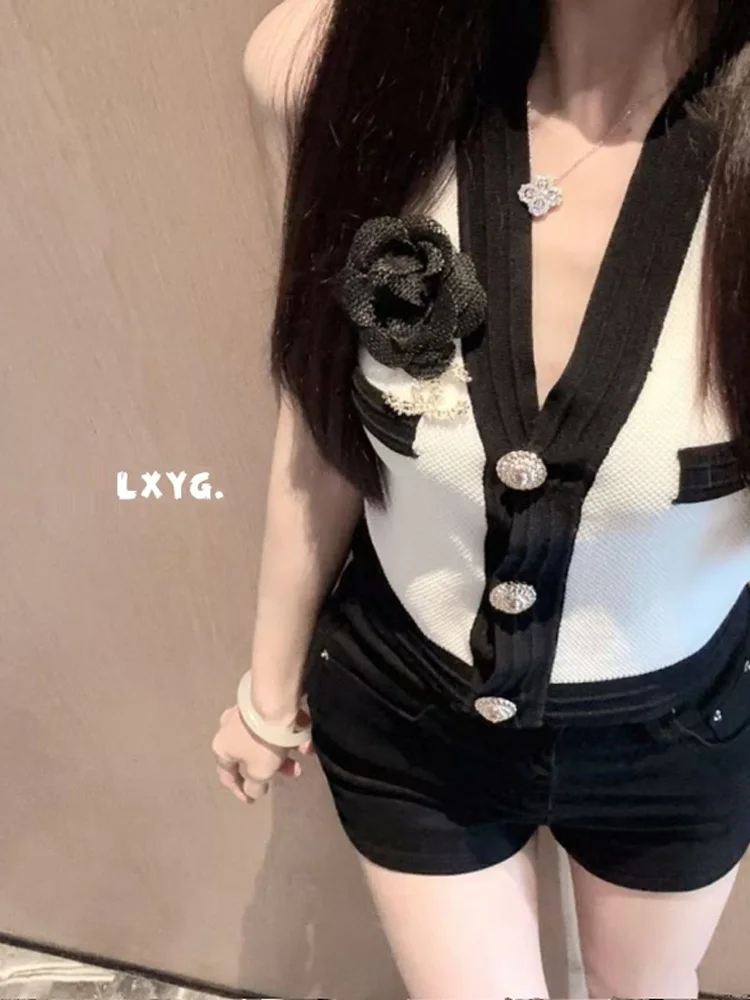 

LXYG Summer Small Fragrance Tea Flower V-neck Color Block Knitted Open Cardigan Women's Slim Fit Sleeveless Vest Top