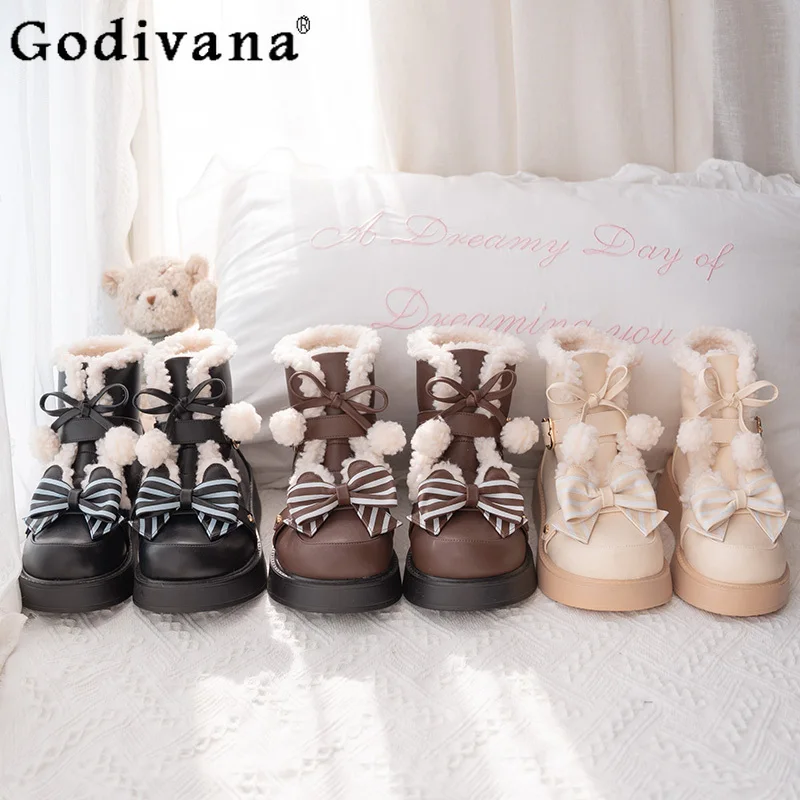 

Winter Fleece-Lined Warm Round-Toe Thick-Soled Snow Boots Japanese Original Sweet Cute Lolita Short Boots for Women