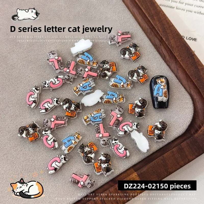 LYLE 50Pcs Trendy Cartoon Cat Nail Art Charms Mixed Japanese Cute Kitten Hug Letter Cat Wearable Nail Accessories Bling Gems Set