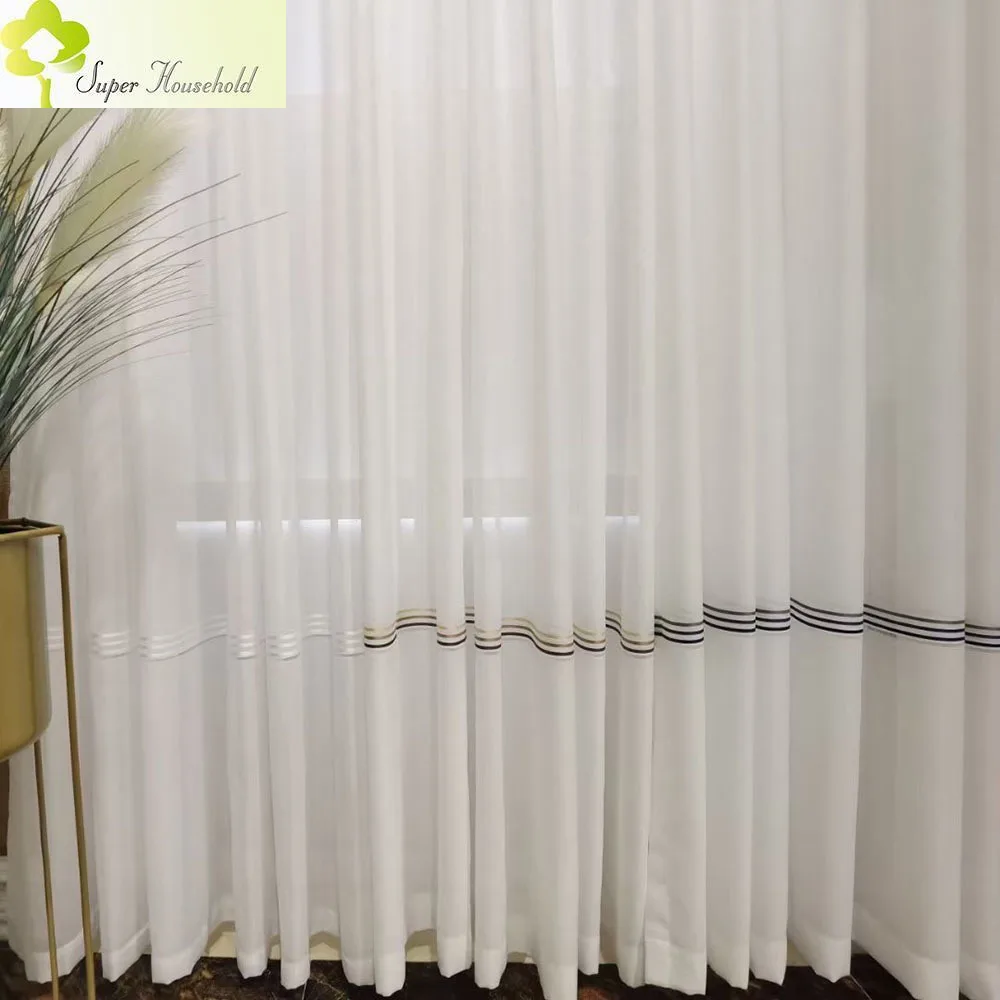 

chinese style linen cotton tulle white curtains for living room jacquard window screen rainbow strip sheer yarn finished bedroom