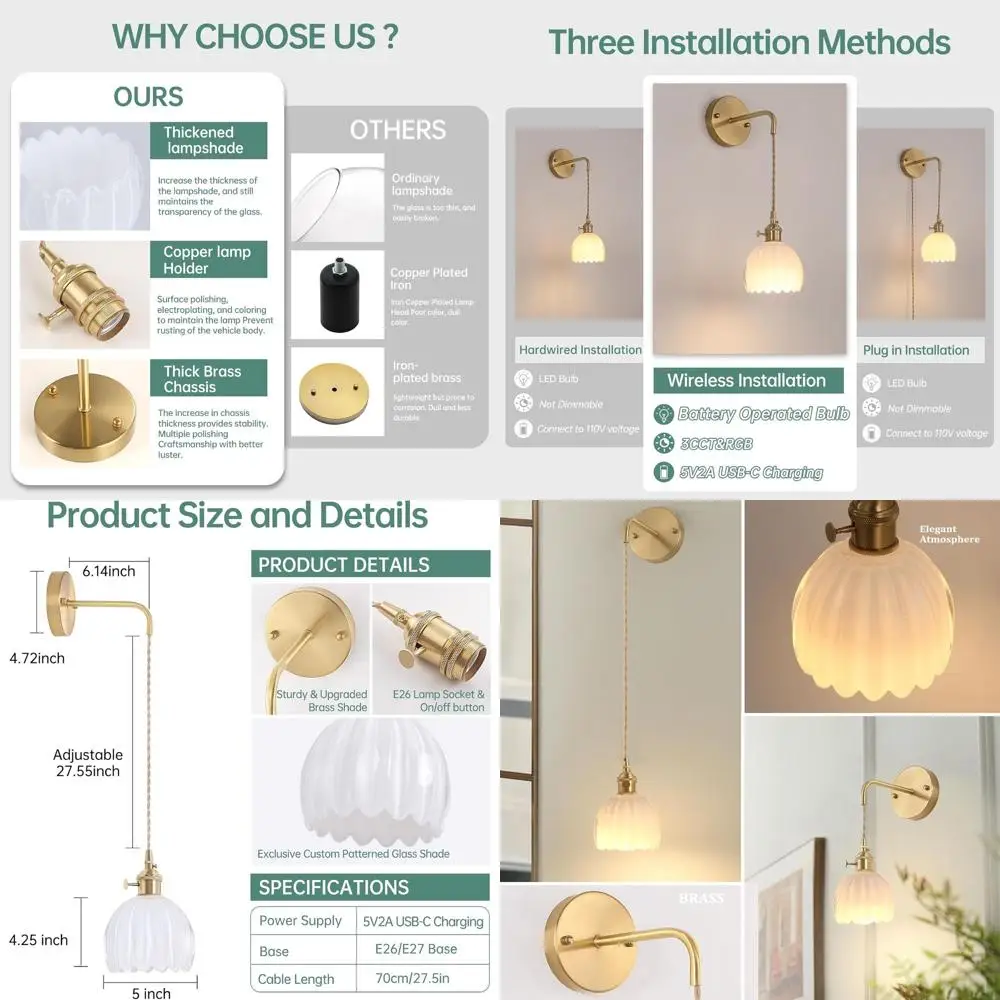 

Retro Gold Wall Sconce with White Tulip Glass Shade, Adjustable Chain, Battery-Powered Modern Light Fixture Set of 2 for Bedroom