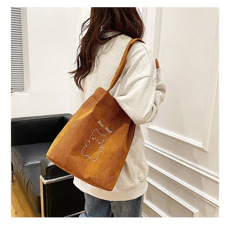 Cartoon Embroidered Shoulder Bag Corduroy Women Handbag Student School Purse Shoulder Bags