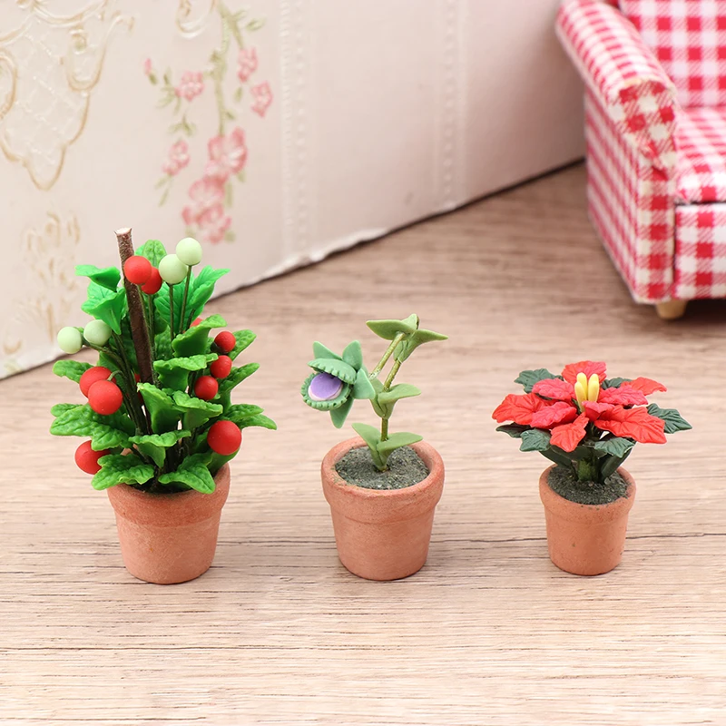 1:12 Dollhouse Miniature Potted Plants Tulip Flower Pot Fortune Fruit Bonsai Model Garden Home Decor Toy Doll House Accessories