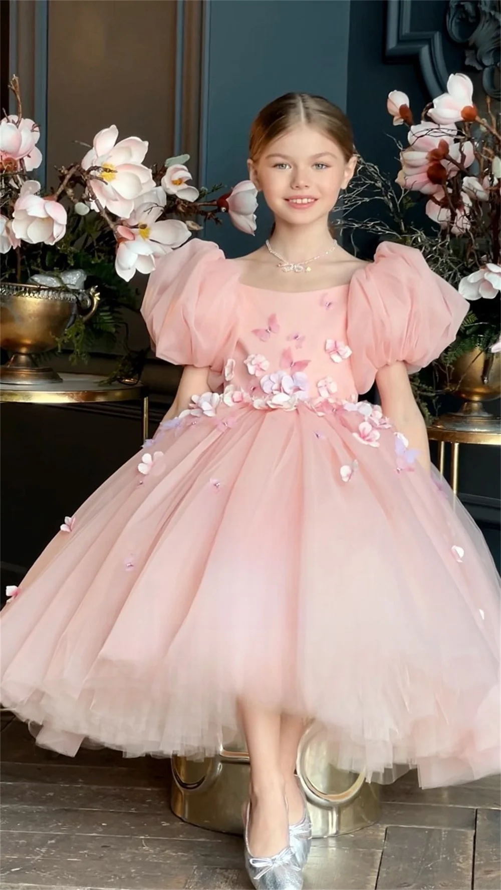 Customized Dearin Off-the-shoulder Ball Gown Tea Length Skirts Layered Draped Tulle Applique Flower Girl Dresses