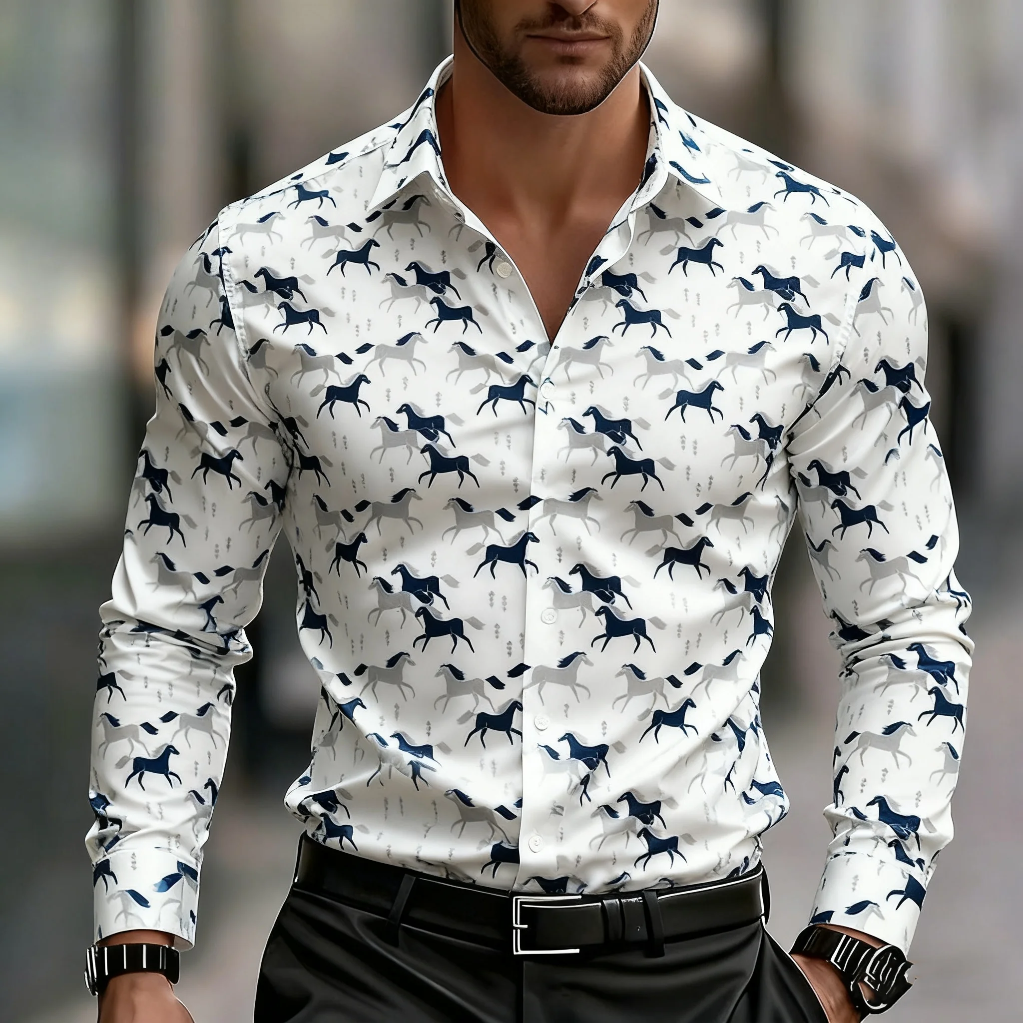 חולצת גיאומטריה עם שרוולים ארוכים לגברים, דוגמת סוס רטרו מגניבה, נוחה ללבישה יומיומית במשרד, חולצת גברים עם צווארון