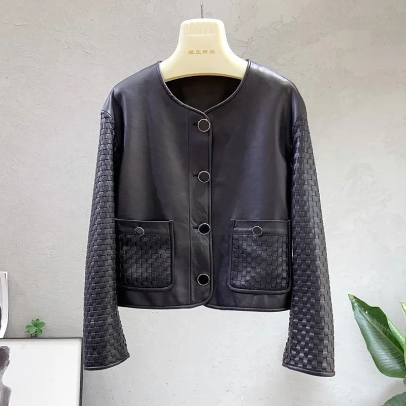 Lady Leather Jackets 2022 New Genuine Sheepskin Woven Sleeve Single Breasted Solid Short Coat Round Neck Streetwear AEL4937