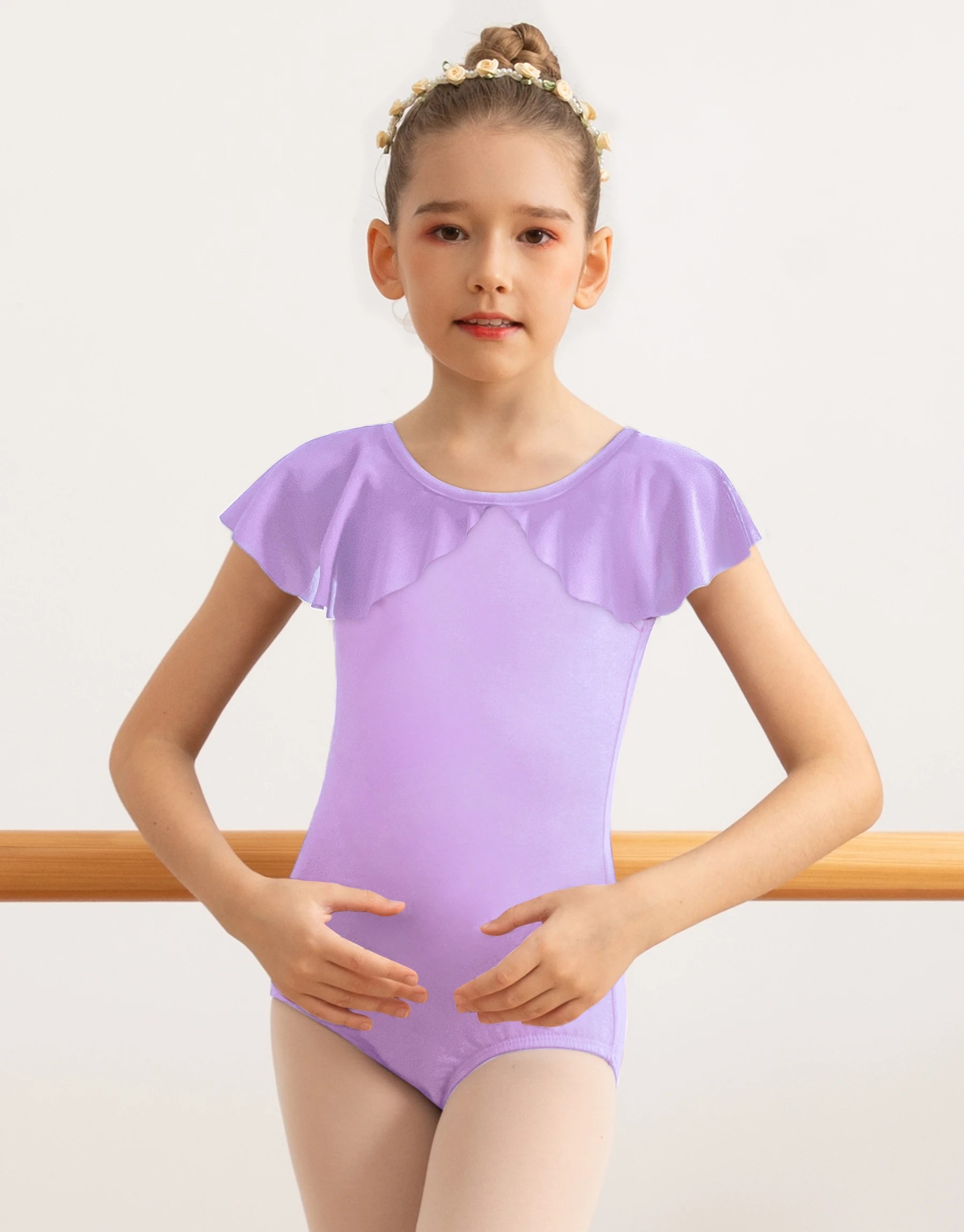 Girls’ Ballet Dance Leotards with Flutter Sleeve Petal Skirt and Bowknot Back