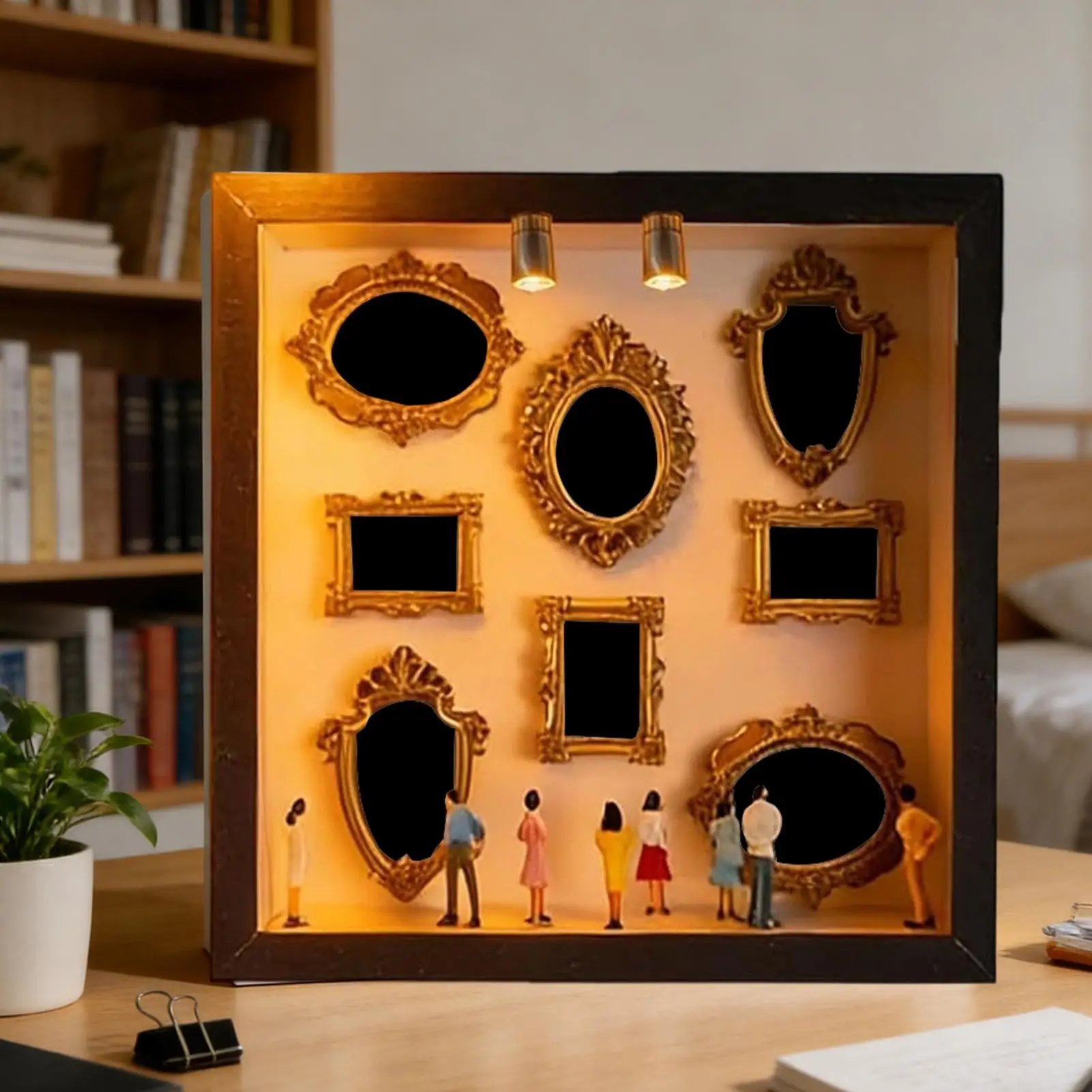 Mini álbum de fotos estilo museo, caja de siluetas, kit de exhibición de recuerdos elegante y creativo con estatua en miniatura y marco dorado