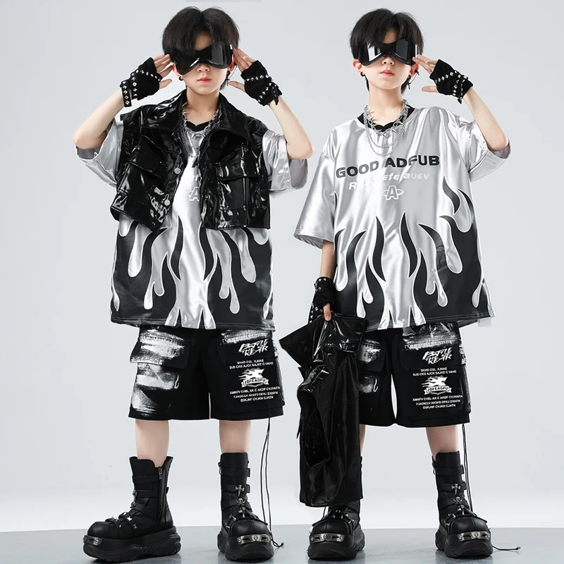 

Boys Hip Hop Dance Performance Costume Silvert T Shirt Black Leather Vest Shorts Drum Breaking Kpop Dance Clothes Girls BL15779