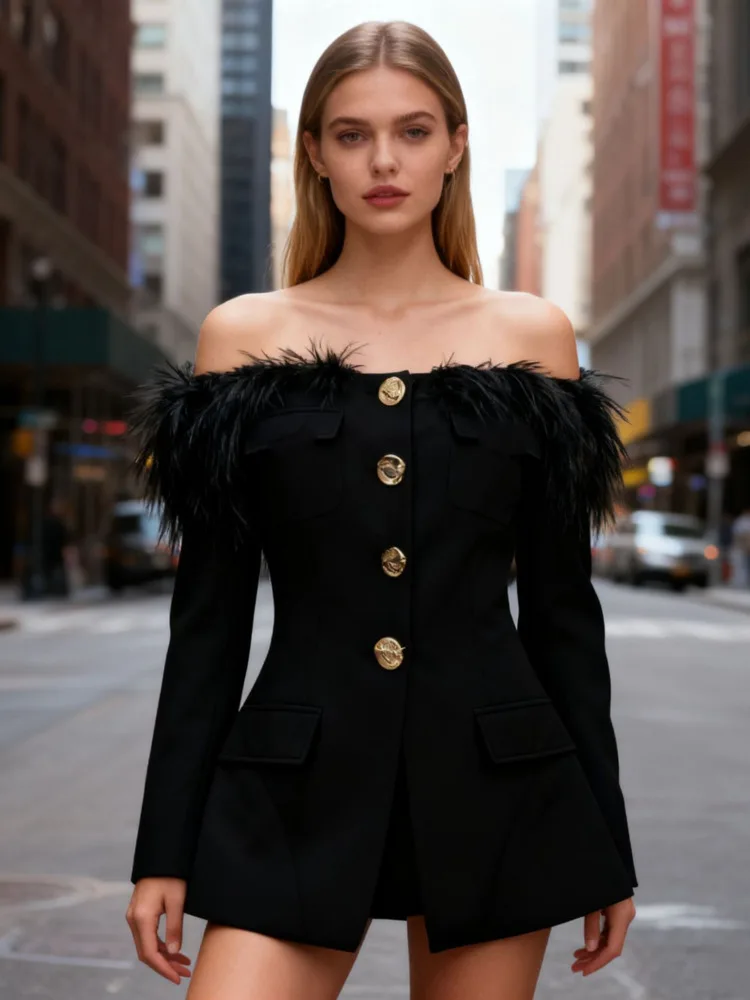 سترة نسائية عصرية من ZMEENNA باللون الأسود مكشوفة الأكتاف معطف بيبلوم بأزرار ذهبية وأكمام طويلة ملابس خارجية بقصة ضيقة ZM4644 #2