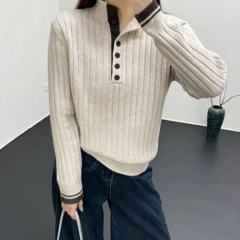 Pulôver feminino meio aberto cor bloqueada estilo ocidental camisola de malha cor contrastante versátil topo