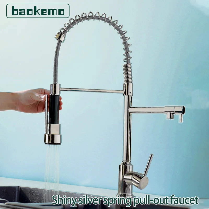 

Shiny Silver Kitchen Spring Dual Purpose Faucet Sink Vegetable Washing Basin Cold and Hot Mixed Rotating Multi Functional Faucet