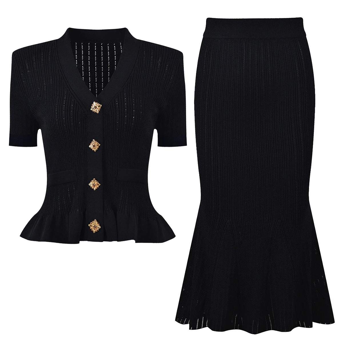 

Five Color High Version New Diamond Button Versatile Short Sleeved Knitted Top Cardigan Fish Tail Slim Half Skirt Set