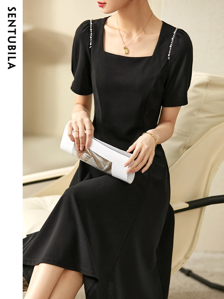 

SENTUBILA Summer Elegant Black Dresses for Women Fashion Square Collar Beading Short Sleeve A Line Swing Midi Dress Q22L44135