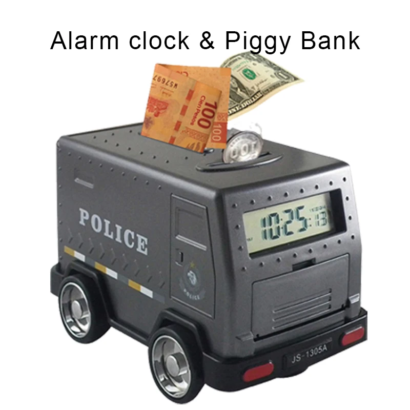 

Police Car Wake Up Machine, Cartoon Cash Truck Piggy Bank, coin Storage Box Password Storage Tank, Alarm Clock Children's Toy