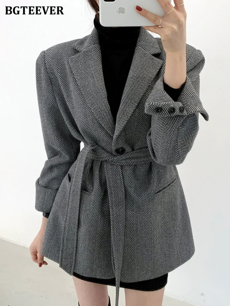 BGTEEVER Winter Notched Collar Single-breasted Woolen Blazer Women Elegant Full Sleeve Lace-up Thicken Women Suit Jackets