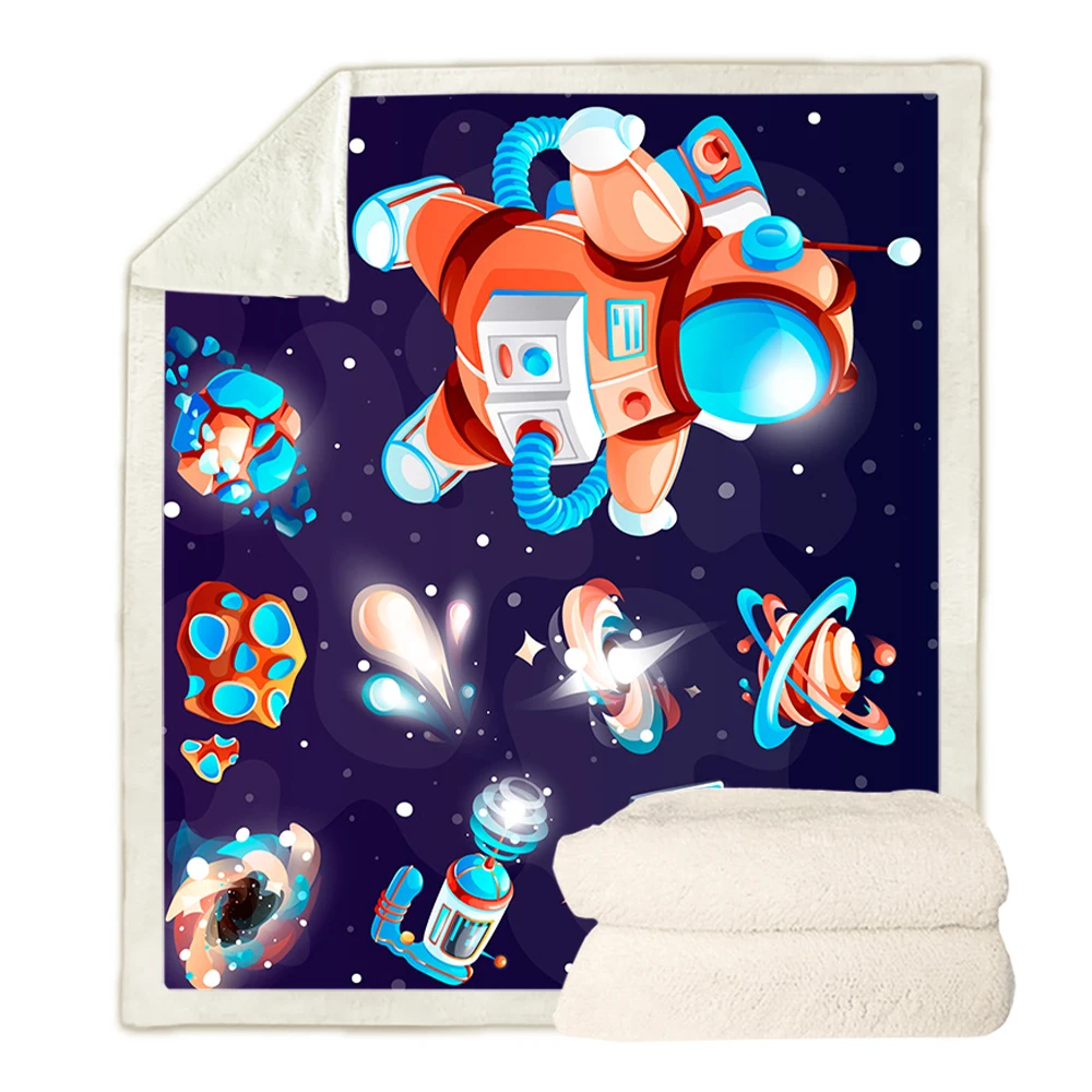 HX Fashion Throw Blankets Cute Cartoon Rocket Astronaut Double Layer Blanket Keep Warm Quilt Dropshipping