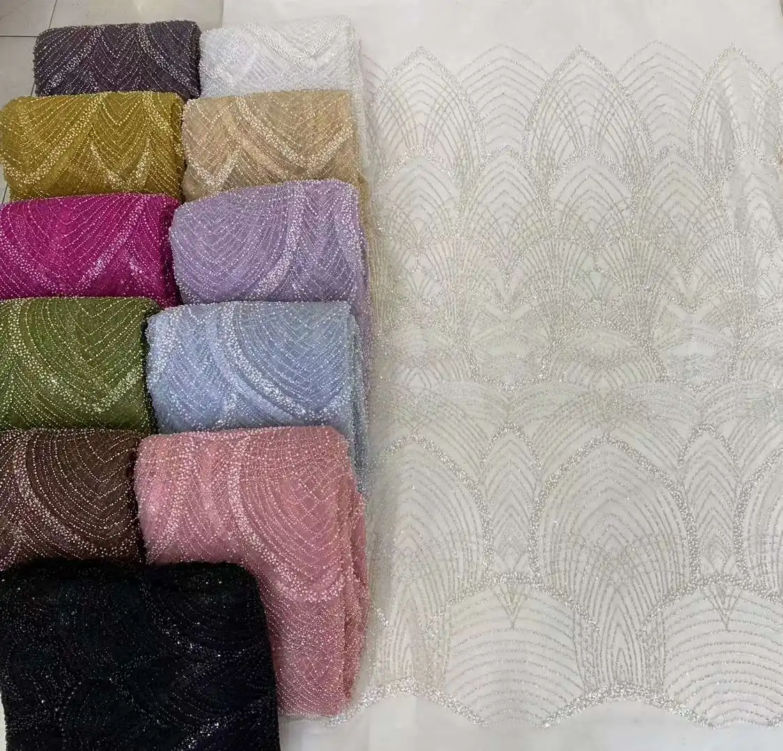 Luxury African Heavy Beaded Wedding Lace Fabric 2024 High Quality Nigerian Sequins French Tulle Fabric For Party Dress