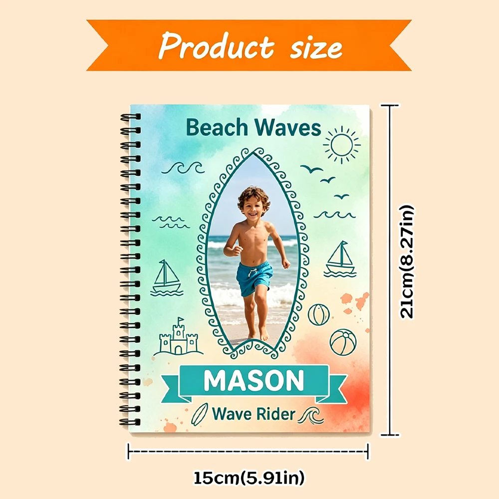 Custom Personalized Photo Name Spiral Notebook,Watercolor Summer Ocean Style,Back To School,Birthday Gift,School Daily Note Taki