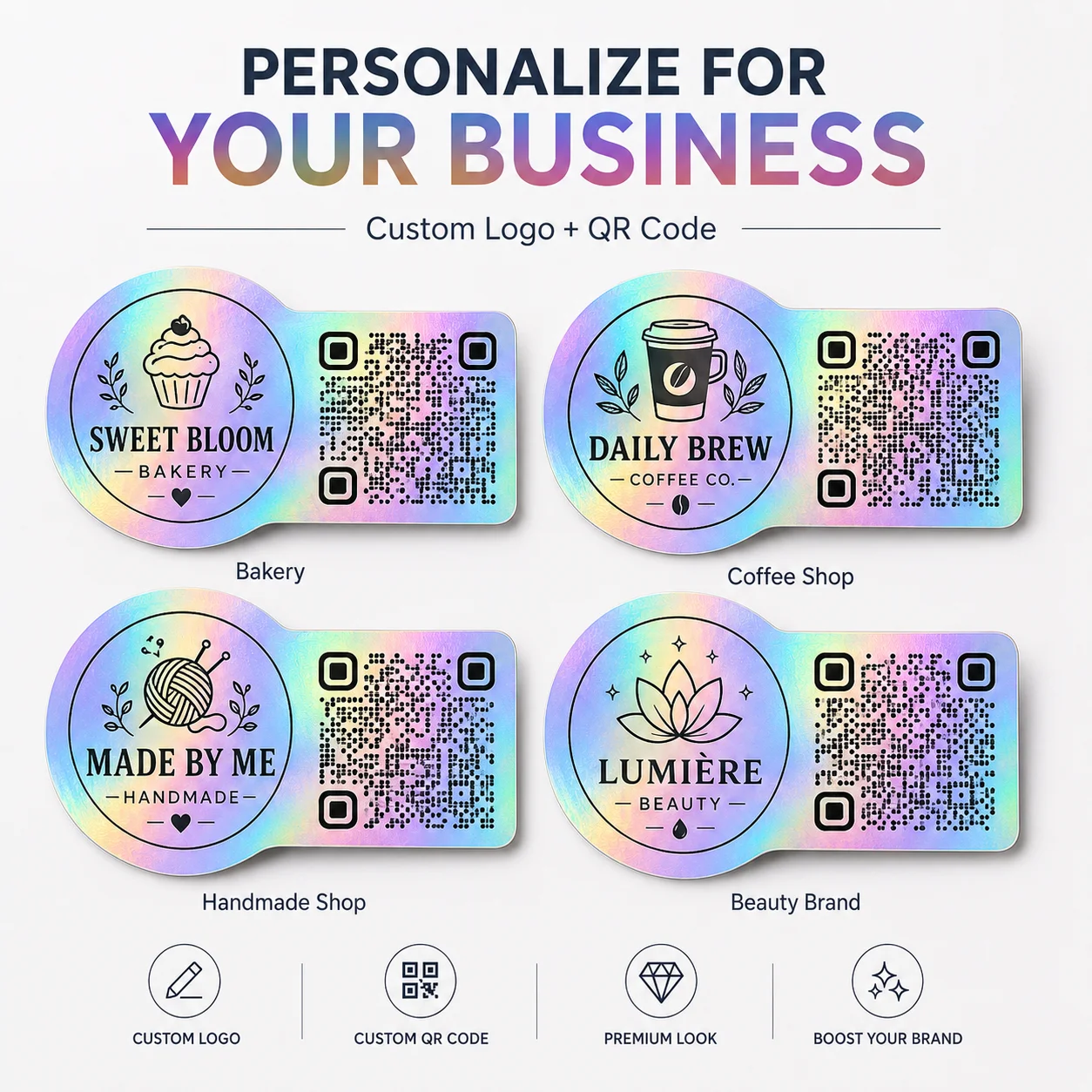 Customized personalized QR code laser stickers, product packaging stickers, holiday gift stickers, birthday stickers/wedding stickers, suitable for displaying product information, gift box packaging, and enhancing sales. Perfect for christening parties, bridal parties, wedding and birthday sealing stickers, with exquisite circular custom design, suitable for parties and gift boxes