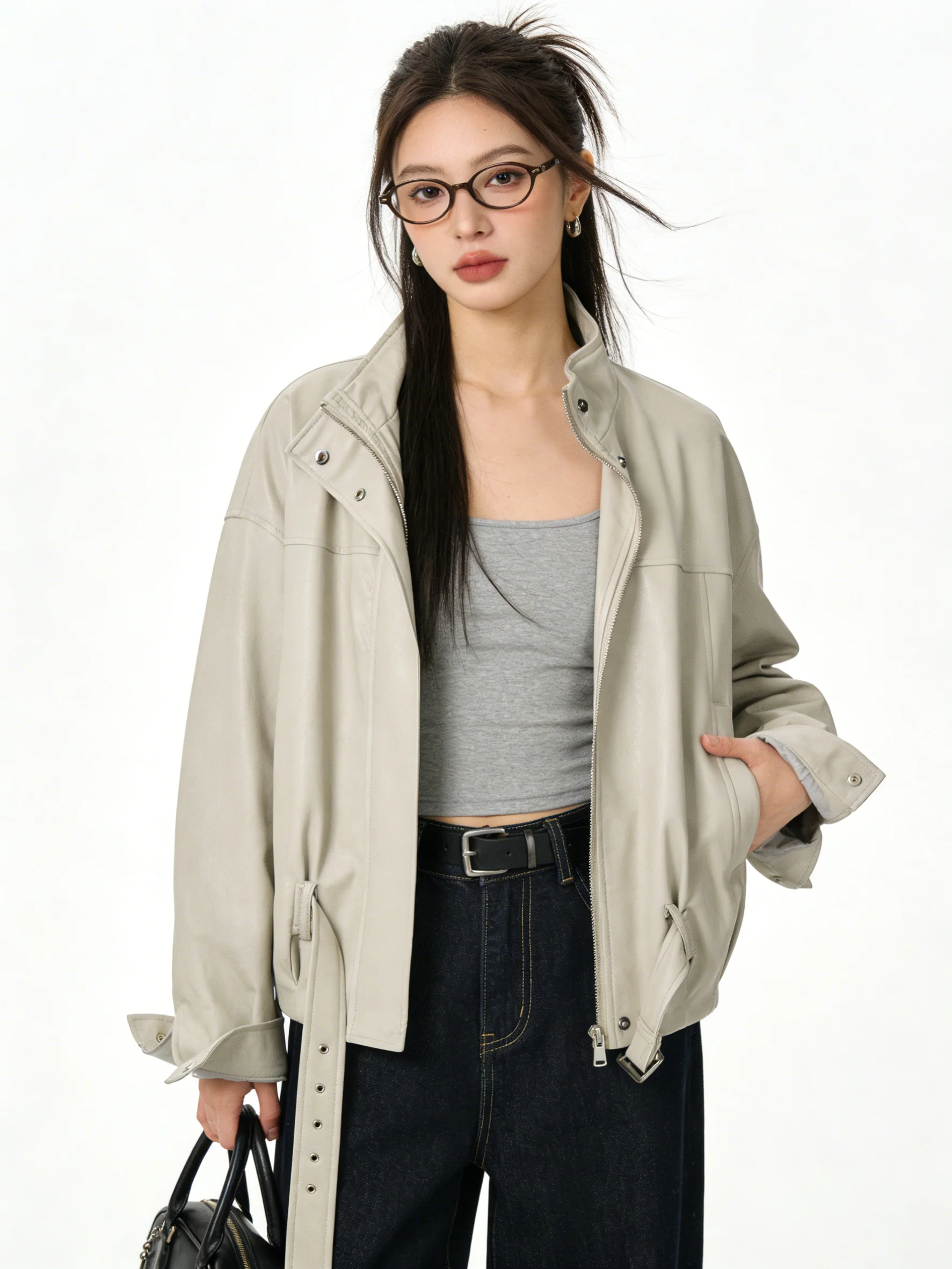 

Elegant Short Biker Leather Jacket Women's Stand Collar Patchwork Spring Fashion Korean Style Outerwear Youth Commute Style