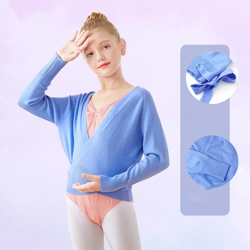 Suéter de balé feminino infantil, roupa quente de outono para balé para meninas, cardigã com cinto de manga comprida quente para dança