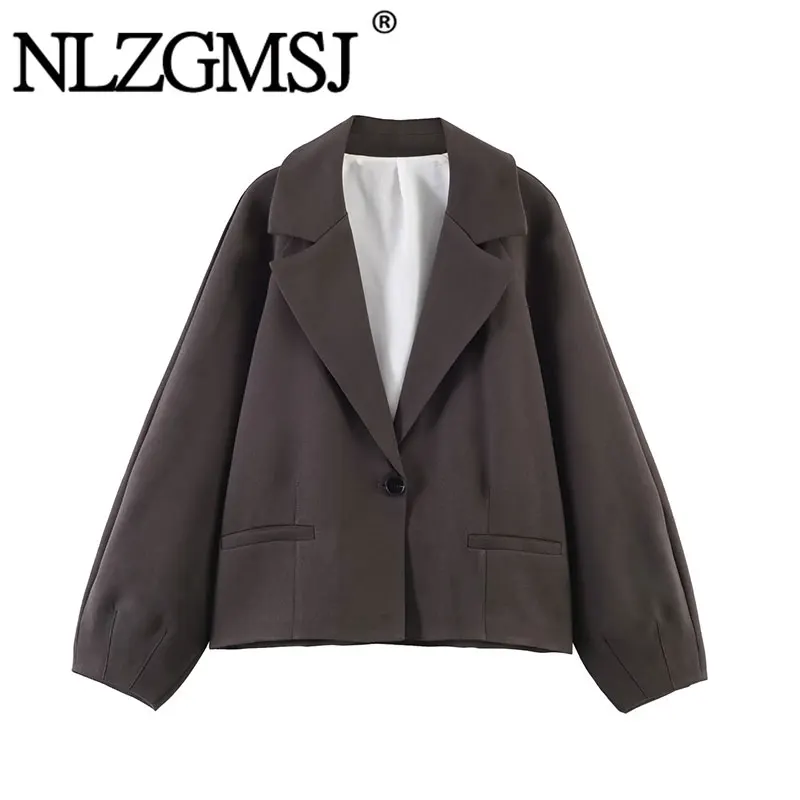 

Nlzgmsj 2026 Spring Elegant Women's Cropped Blazer Lapel Collar One Button Lantern Sleeve Casual Suit Coat for Ladies