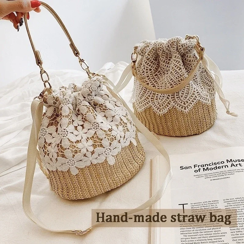 New Straw Plaited Article Women Lace Bucket Bag Causal Holiday Beach Bag Elegant Lace Staw Bag Shoulder Crossbody Bag