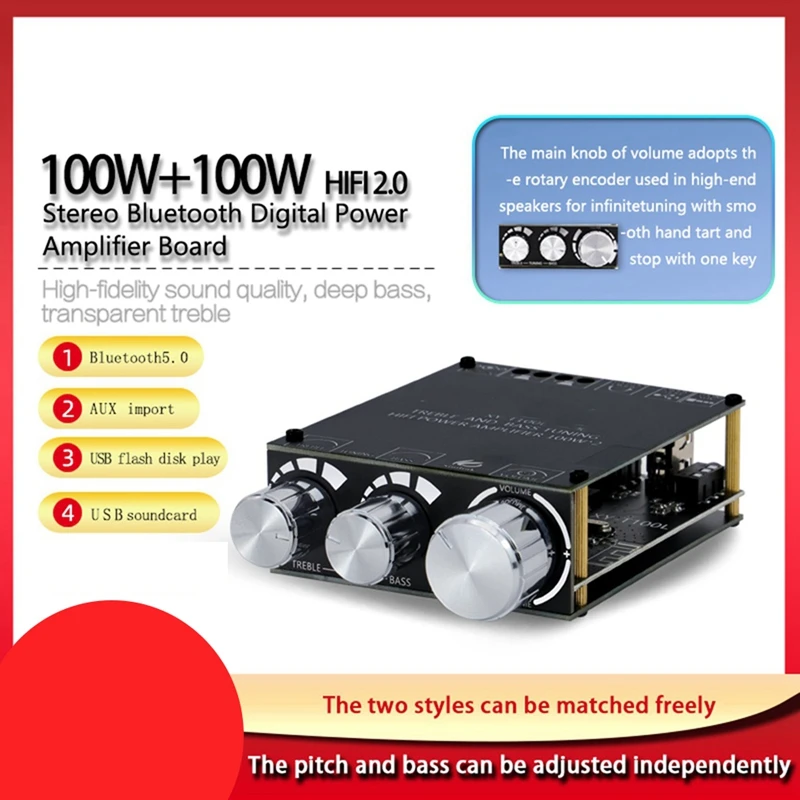 Classe D Subwoofer Amplifier Board, Home Audio Equalizer Stereo, 2.1 Channel, Bluetooth 5.0, 100W + 100W, XY-T100L, 2.1, Amp