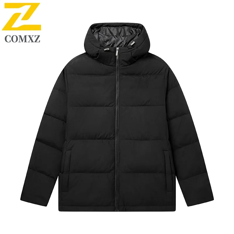 COMXZ 2025 Mens Thickened Hooded Cotton Jacket American Style Casual Waterproof Windproof Outdoor Sports Winter Puffer Coat