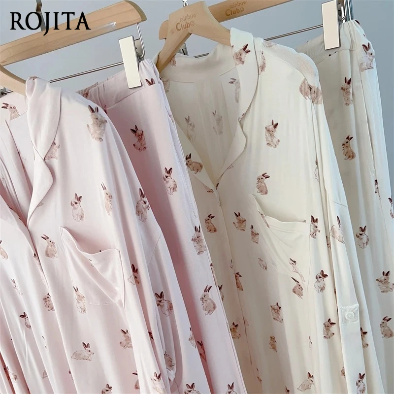 

Japanese Cute Rabbit Modal Cotton Pajamas Outfit Women Set Soft Breathable Lapel Loose Long Sleeve Trousers Loungewear Sleepwear