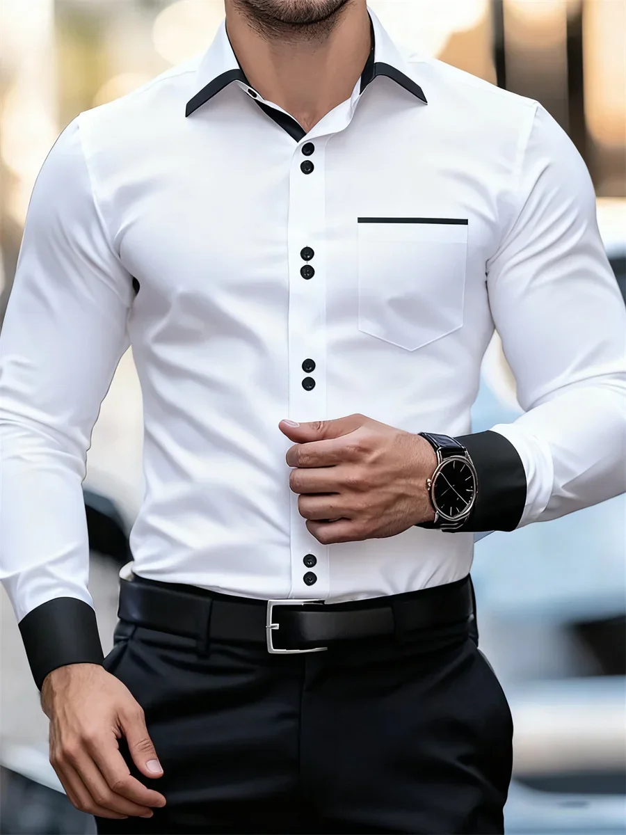 Zakelijk overhemd met lange mouwen voor heren, kleurblokken, slim fit, kreukvrij, zwart en wit patchwork overhemd, herenmode top - afbeelding 2