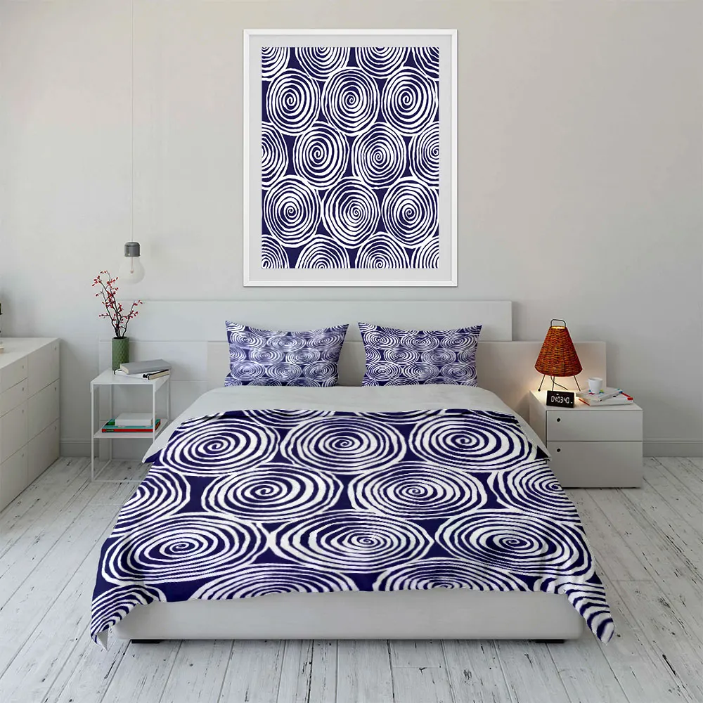 Indigenous style blue and white swirling print Bedding Set for Kids Luxury Gift 3pc Digital Print Comforter Set Soft Comfortable