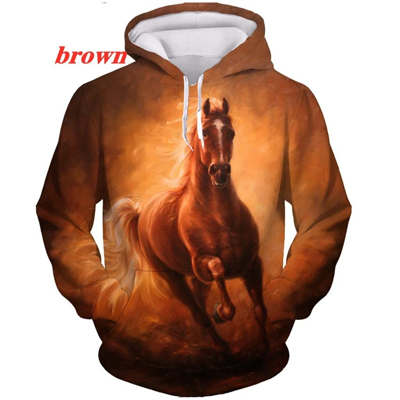 Fashion Horse Pattern Mens Hoodie Spring Autumn Casual Long Sleeve Vintage 3D Animal Printed Hoodies Loose Streetwear Sweatshirt