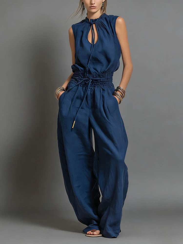 Macacão Feminino Casual de Verão com Recortes e Amarrações, Gola O, Calça Larga e Sem Mangas, Estilo Patchwork Sólido para Festas