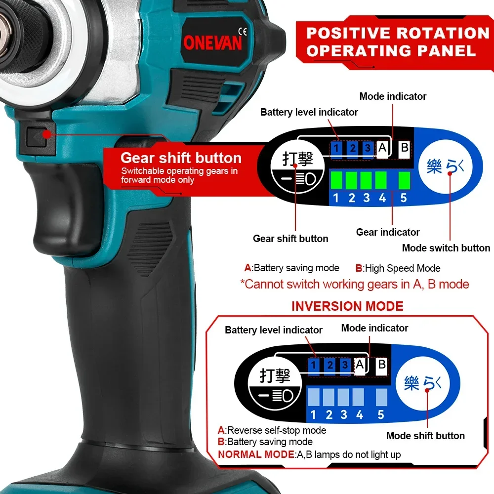 ONEVAN 600N.m Brushless Electric Screwdriver 5 Speed Cordless Electric Impact Drill Screw Driver for Makita 18v Battery