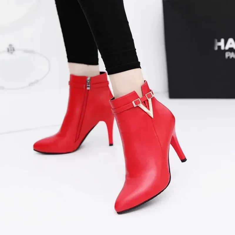 

Stiletto Thin Heel Pointed Toe Faux Leather Zipper Sexy Boots Ankle Women Boot Red High Heels 9cm Spring Autumn 40 Boot