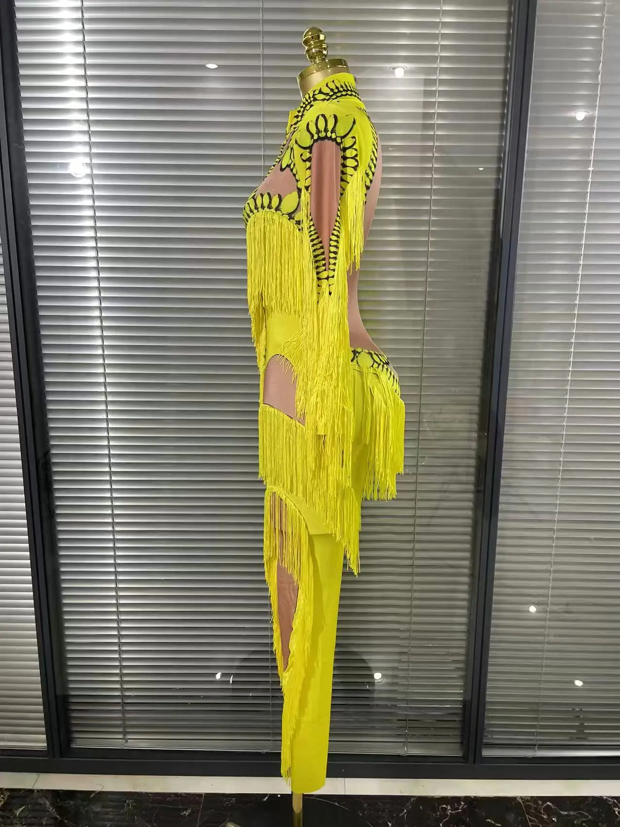 الأصفر شرابة بذلة المرأة طويلة الأكمام دنة نحيل هامش يوتار مثير المرحلة ارتداء DJ المغني راقصة عرض الحفلات زي #4