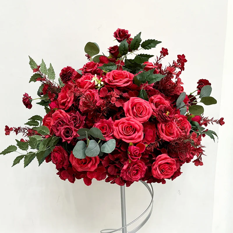 70/60/40/30cm Rote Rosen Grüne Blätter Blumenkugeln für Tischdekorationen Hochzeitstisch Kranz Zubehör Bühnen-Dekoration Blumenrequisiten – Detail 2