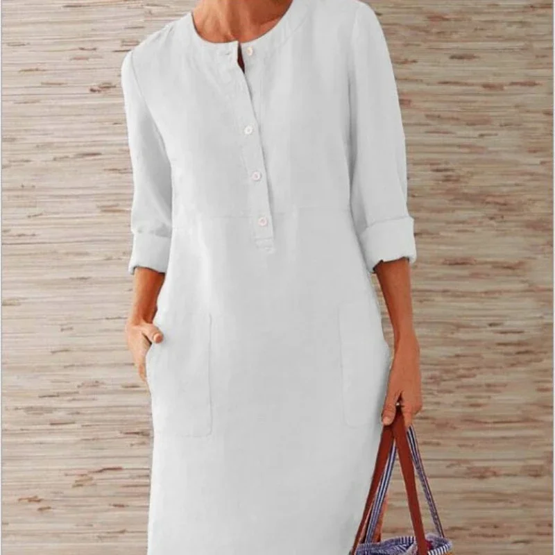 

2025 Summer Beach Dress for Women Vintage Long Sleeve Button White Dress Pocket Solid Robe Streetwear Loose Party Club Dresses