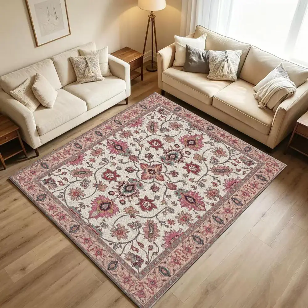 Vintage Cream Pink Floral Area Rug Non-Slip Floor Carpet for Living Room Bedroom Home Decoration