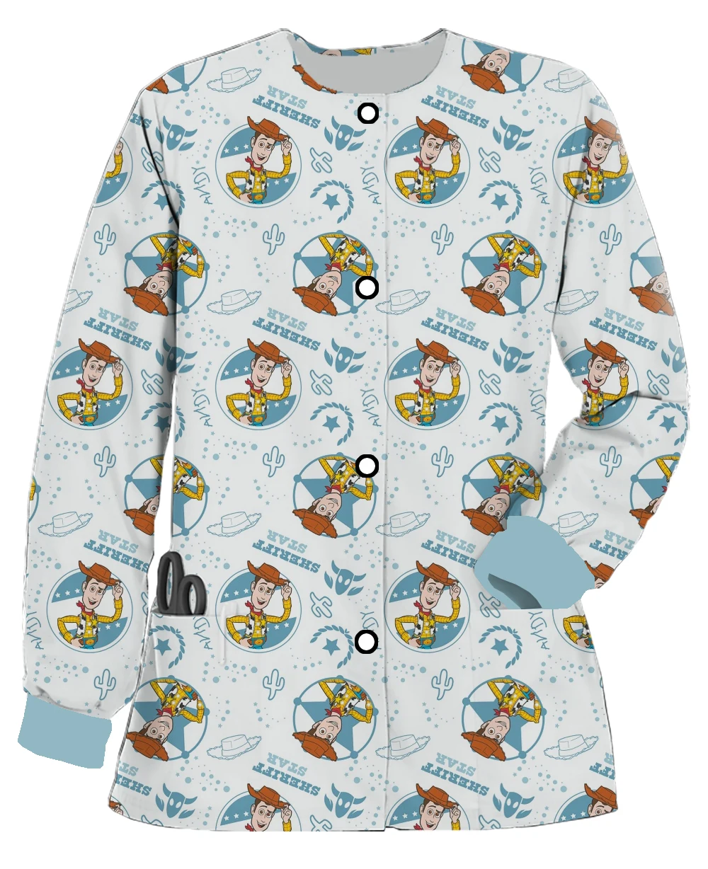 가을, 겨울 새 카디건 자켓 디즈니 버즈 라이트 이어 인쇄 여성 긴 소매 간호사 유니폼 의료 수술복