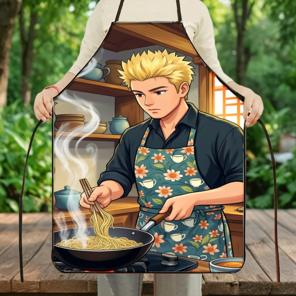 Anime Chef Apron, Cool Blonde Man Cooking Noodles Kitchen Bib, Japanese Style Cooking Gift for Men Dad Boyfriend Home Decor