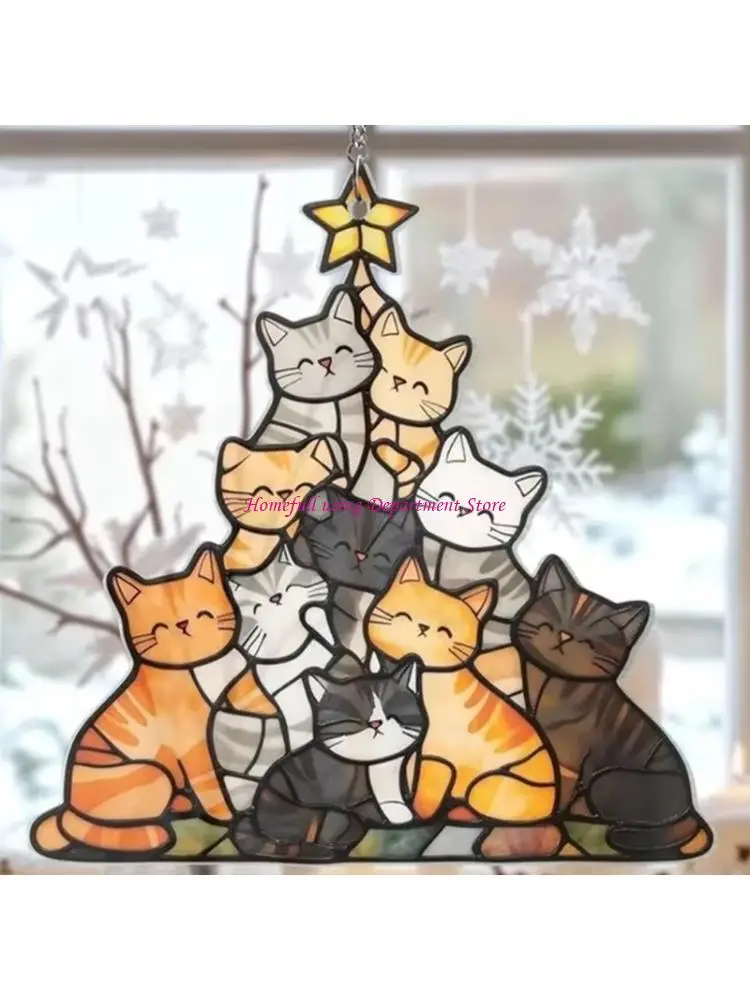 Stained Glass Window Hangings Cats Tree Suncatchers Decors Colorful Window Panel