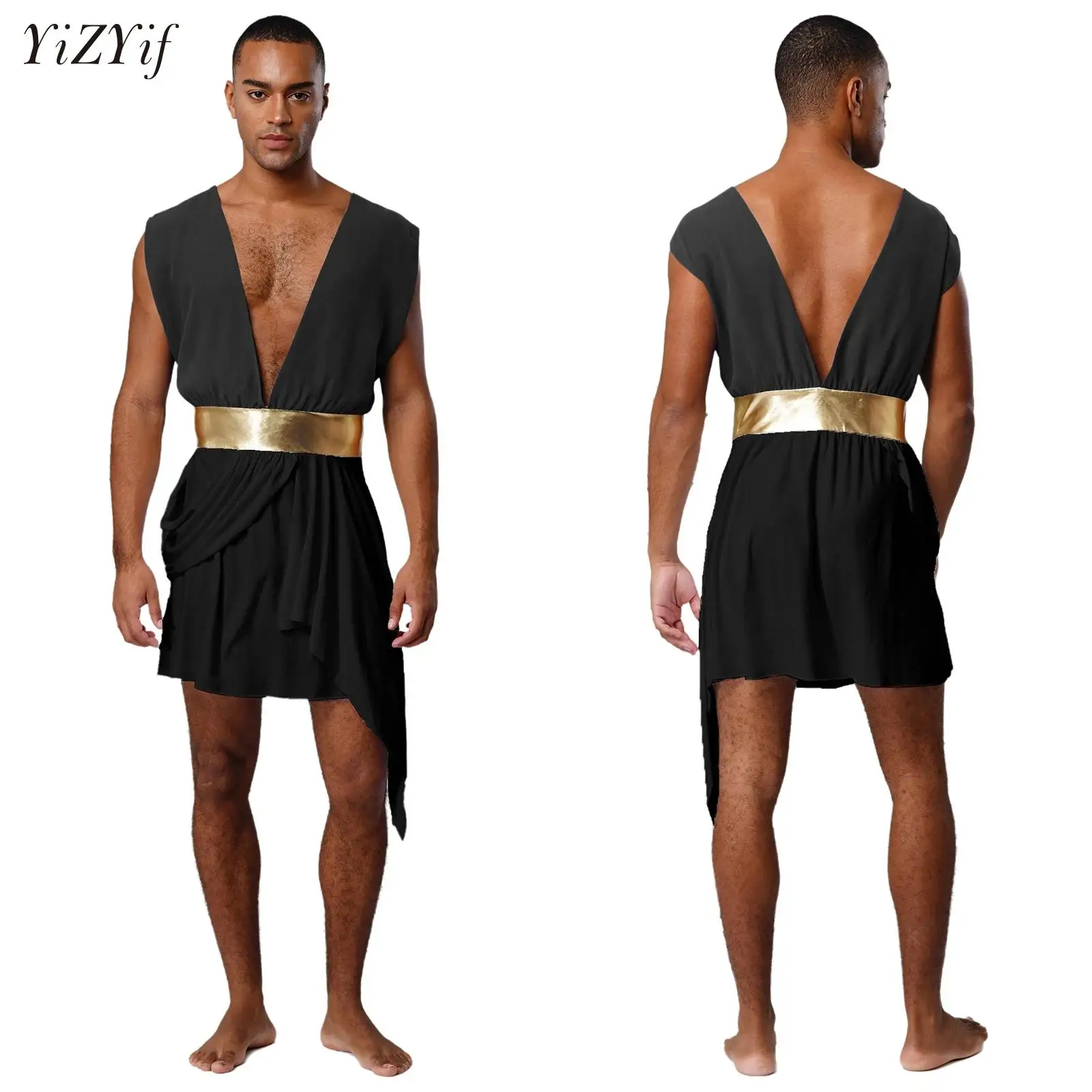 

Mens Ancient Greek Toga Roman King Prince Cosplay Costume Halloween Deep V-neck Asymmetrical Robe Dress Theme Party Outfits